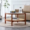 Modern Minimalist Circular Double Layer Solid Wood Coffee Table With Glass Top, Rattan Layer - Walnut - Image 5