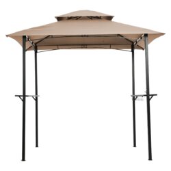 Outdoor Grill Gazebo 8 X 5 Ft With Double Tier Soft Top Canopy, Steel Frame, Bar Counters & Hook Metal - Khaki