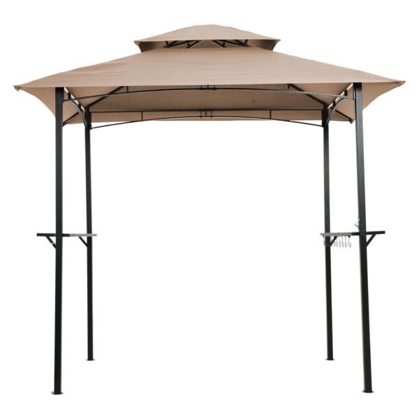 Outdoor Grill Gazebo 8 X 5 Ft With Double Tier Soft Top Canopy, Steel Frame, Bar Counters & Hook Metal - Khaki