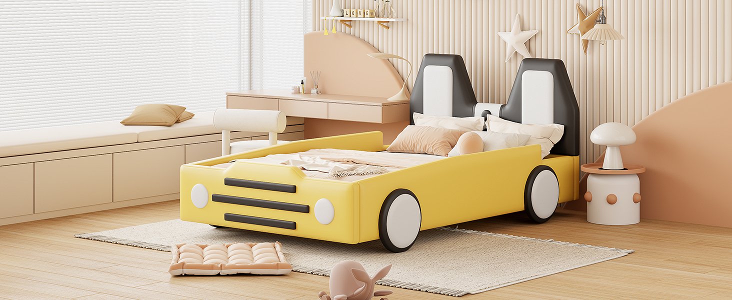 Twin Size Race Car Shaped Platform Bed With Wheels - Yellow - Image 13