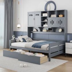 Full Size Daybed With 2 Drawers And All In One Cabinet And Shelf - Gray