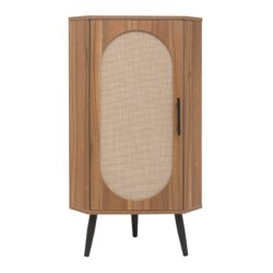 Corner Cabinet, Rattan Door, Freestanding Corner Tables For Small Spaces, Corner Shelf Stand For Living Room, Kitchen, Bathroom, Bedroom - Walnut