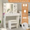 Vanity Desk Set With Mirror & Adjustable Lights Power Outlet And Hair Dryer Rack 2 Drawers And 6 Shelves Includes Cushioned Stool - White - Image 6