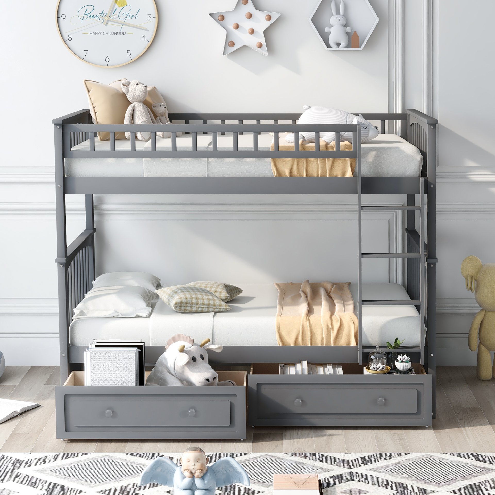 Twin Over Twin Bunk Bed With Drawers, Convertible Beds - Gray - Image 2