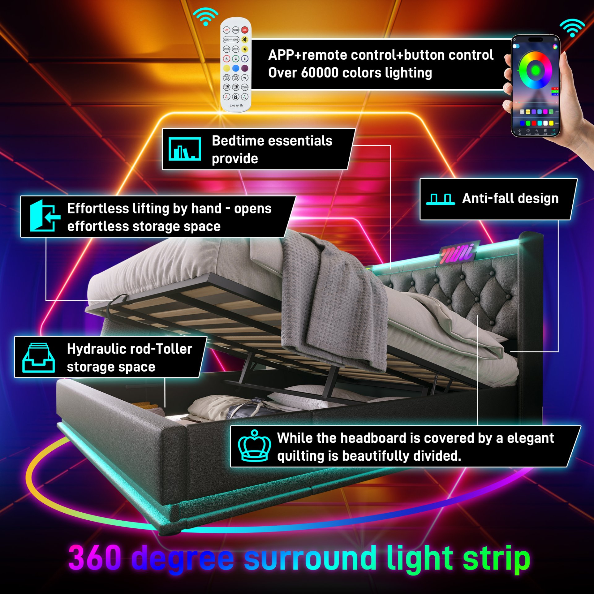 Full Size Upholstered Bed, 360 Surround LED Function, Buttons / Apps / Remote Control, Hydraulic Storage Bed With USB Type-C Charging (Without Mattress) - Black - Image 7