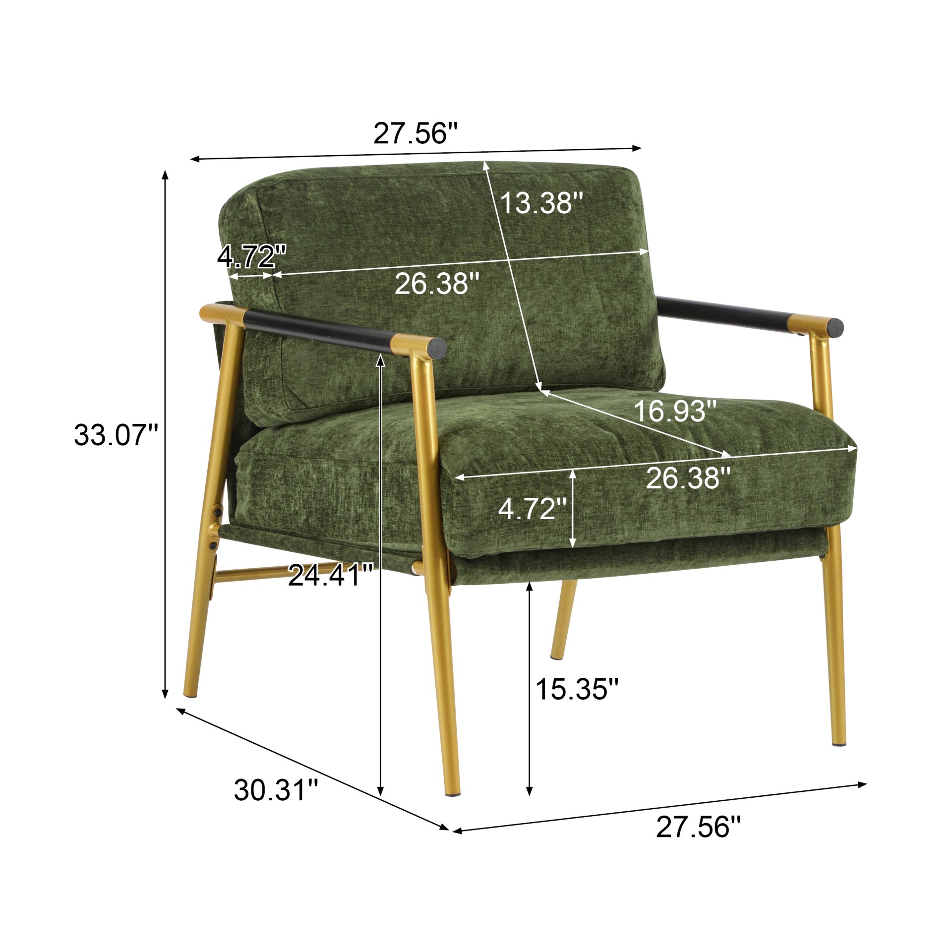 Modern Accent Chair With Plush Cushions, Minimalist Metal Frame, & Wooden Armrest Design - Gold / Green - Image 3