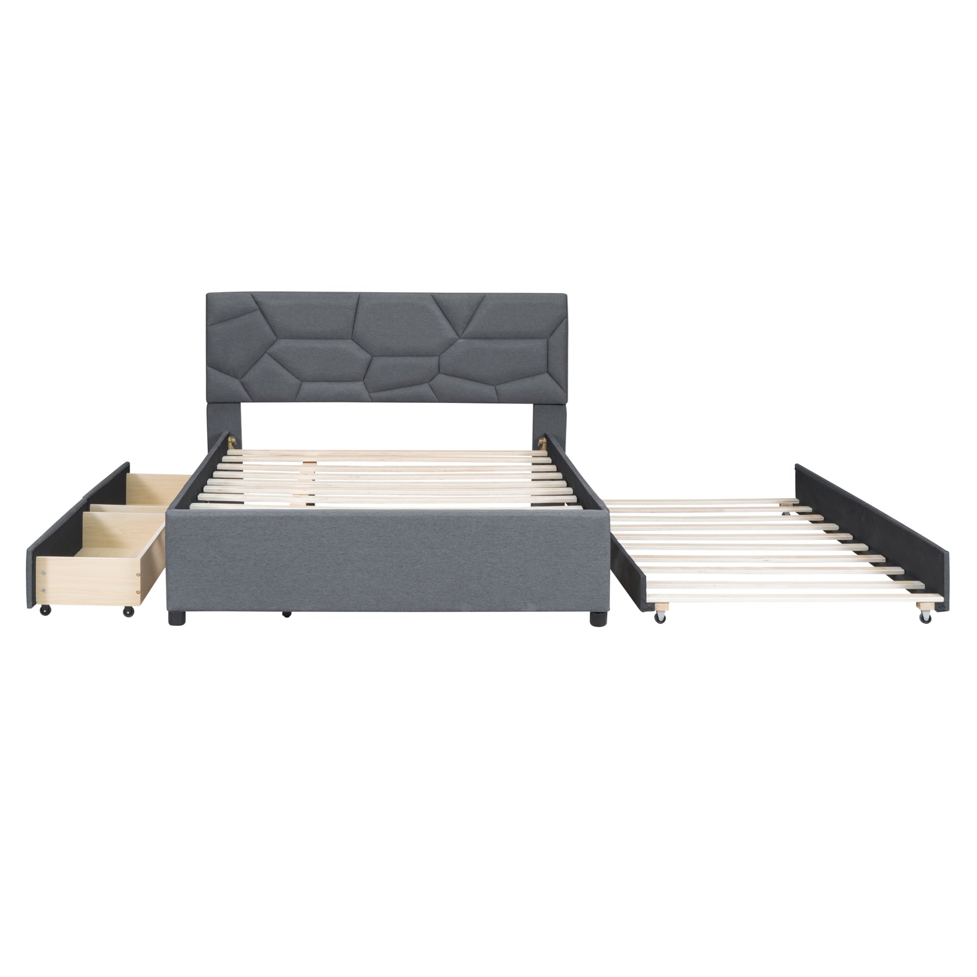 Full Size Upholstered Platform Bed With Brick Pattern Headboard, With Twin Size Trundle And 2 Drawers - Gray - Image 8
