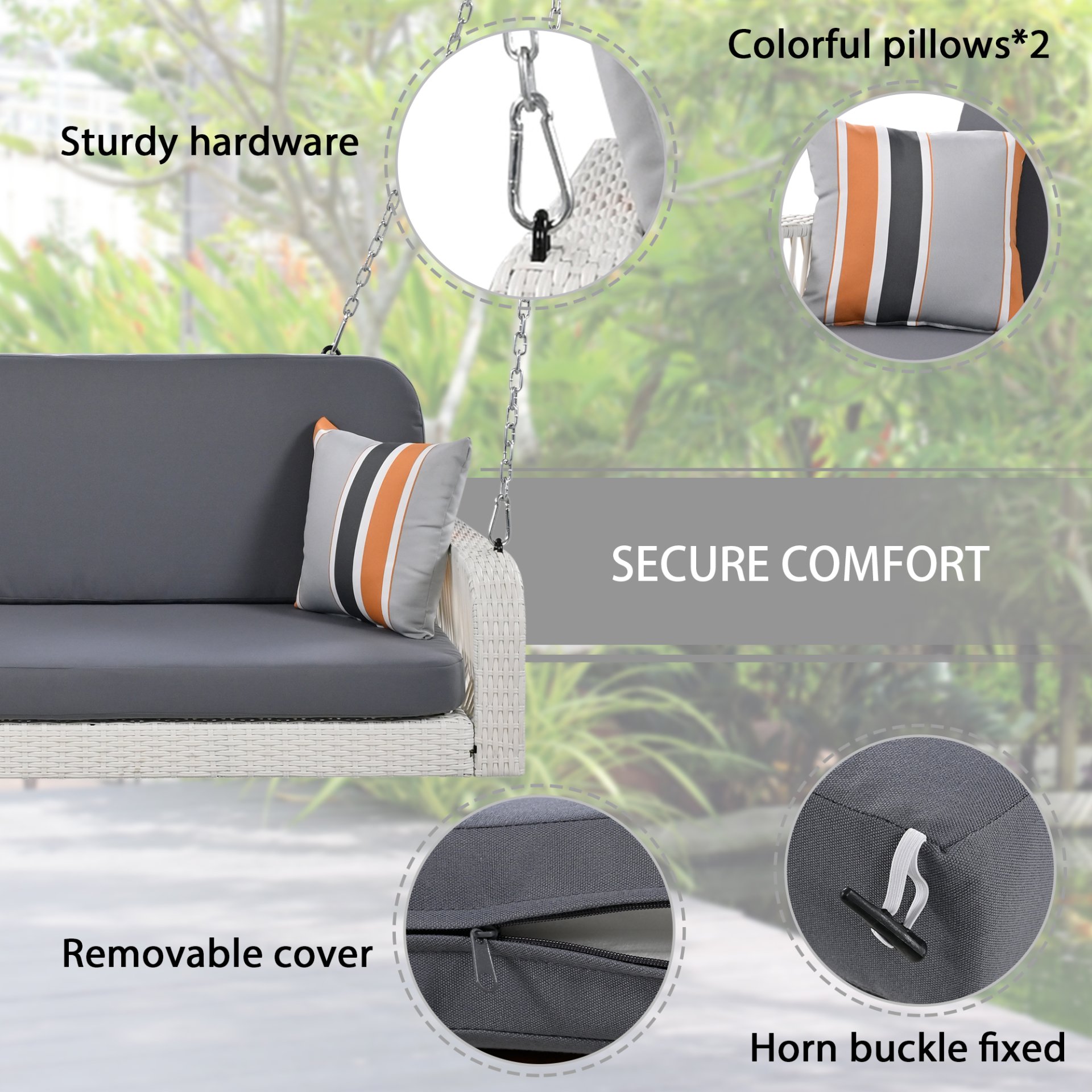 PE Wicker Porch Swing, 2 Seater Hanging Bench With Chains, Patio Furniture Swing For Backyard Garden Poolside - White / Gray - Image 10