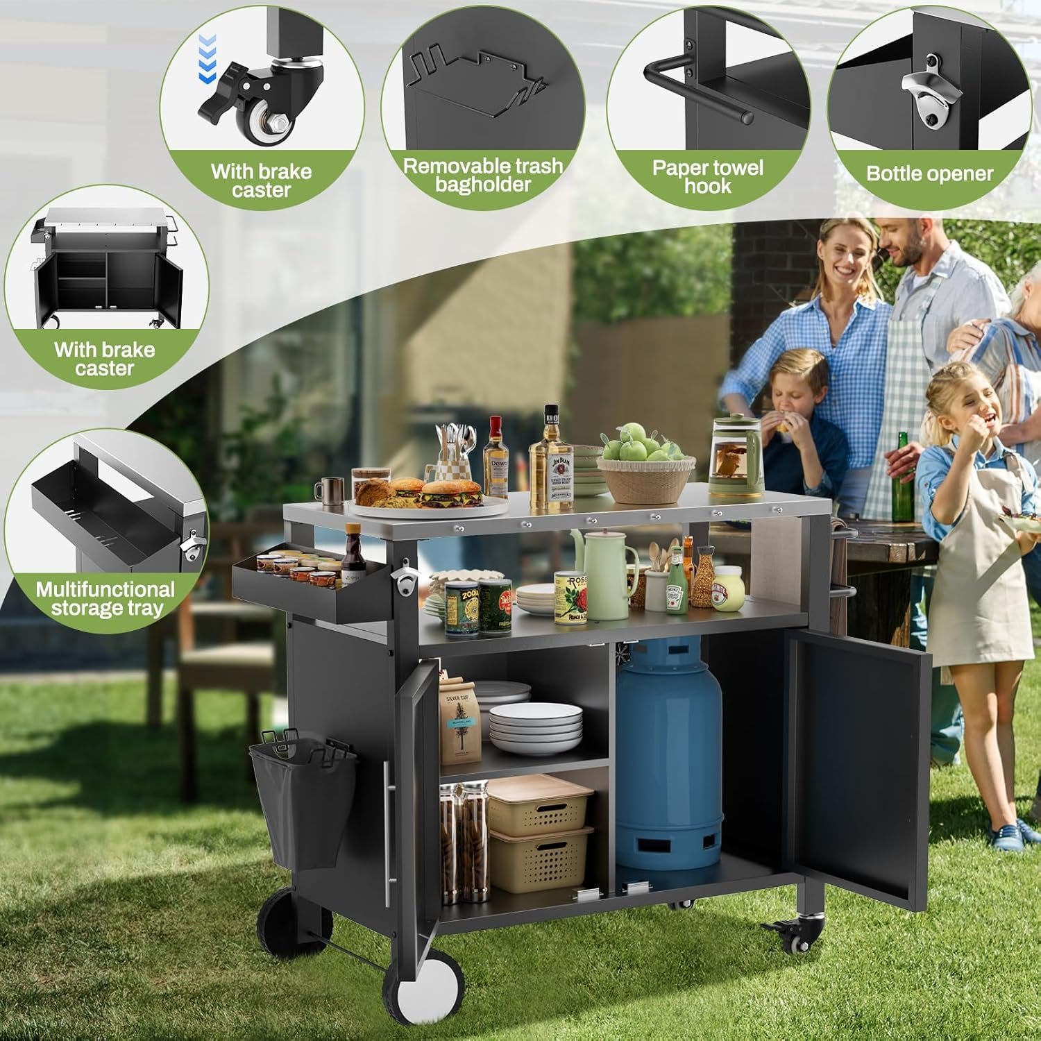Outdoor Grill Cart With 2 Doors And Patio Furniture Stainless Steel Tabletop - Black / Silver - Image 6