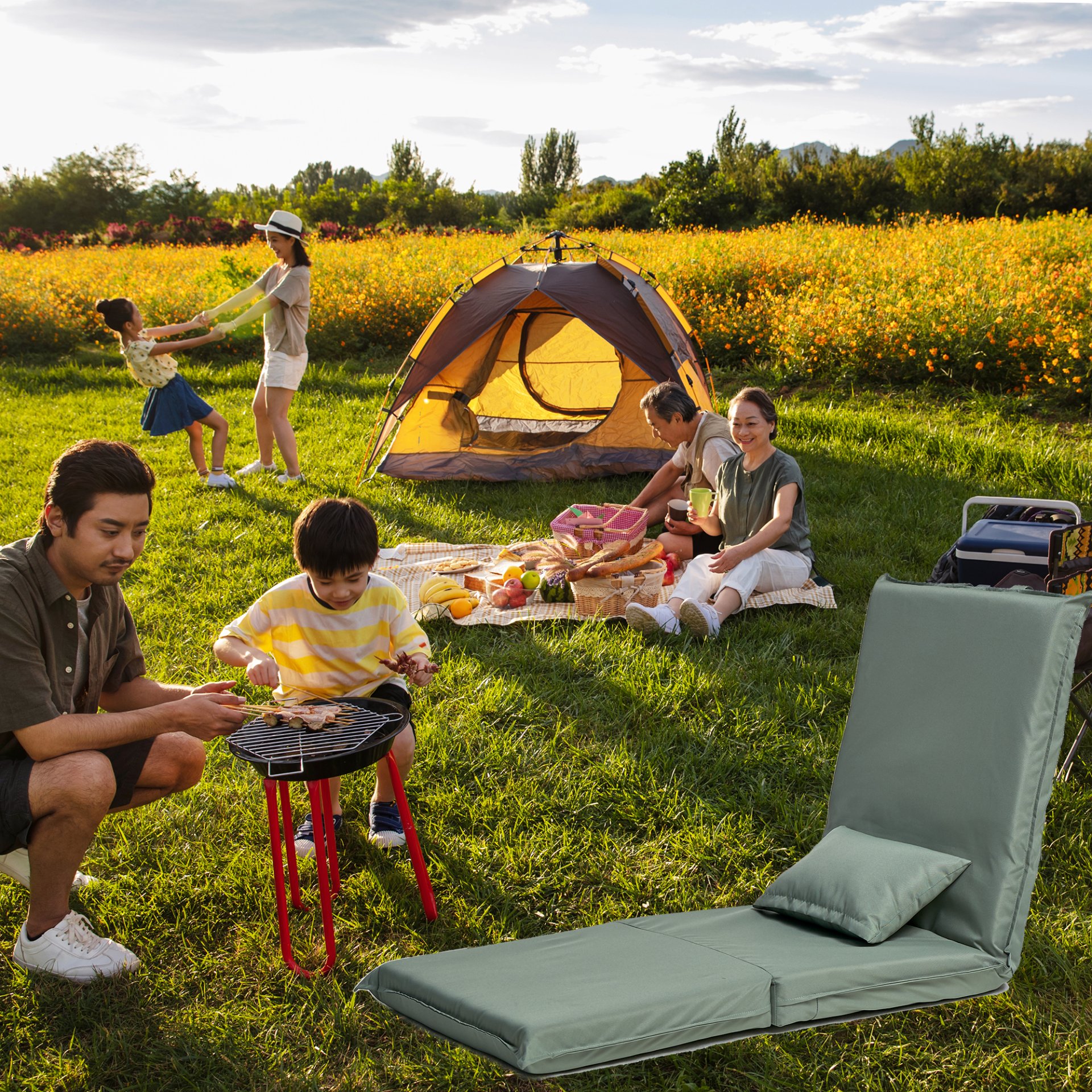 Foldable Portable Camping Chair With Carry Bag 14 Position Adjustable Recliner For Adults Cotton & Metal Frame For Outdoor Travel, Picnic, Or BBQ - Light Green - Image 8
