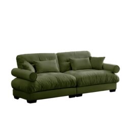 Modern Velvet Large 2 Seater Sofa & Bolstered Armrests And Pillows - Olive Green