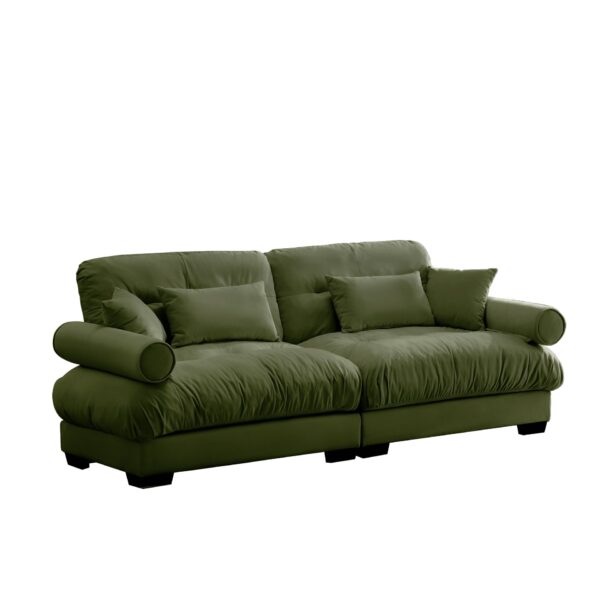 Modern Velvet Large 2 Seater Sofa & Bolstered Armrests And Pillows - Olive Green