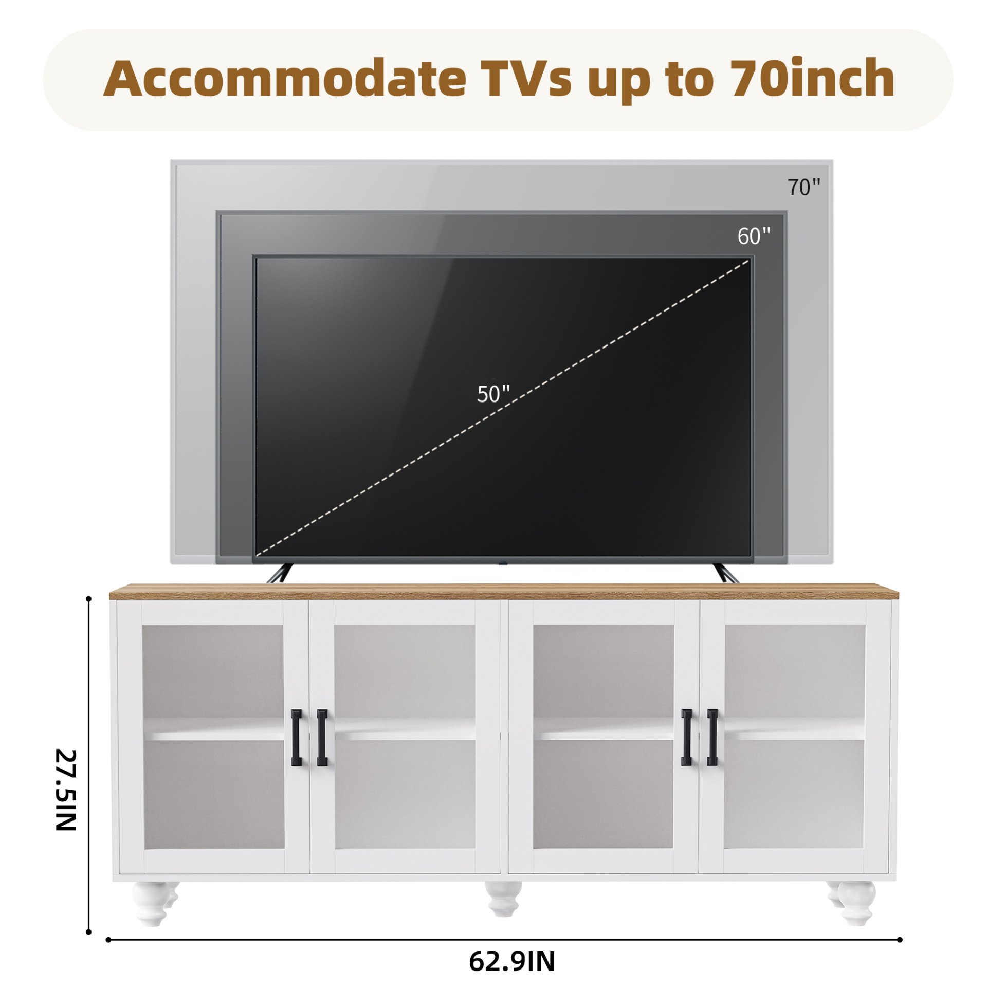 Farmhouse TV Stand With Solid Wood Gourd Shaped Legs For TVs Up To 70", Entertainment Center With Bookshelves & Tempered Glass Doors, Media Console With Adjustable Shelves, Living Room - White / Natural - Image 5