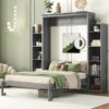 Full Size Murphy Wall Bed With Shelves And LED Lights - Gray - Image 15