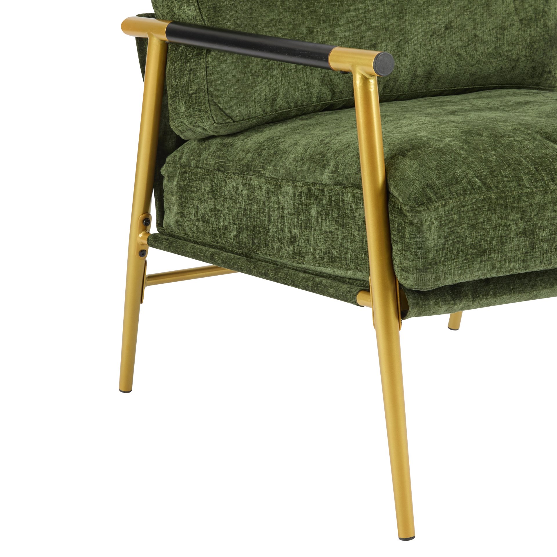 Modern Accent Chair With Plush Cushions, Minimalist Metal Frame, & Wooden Armrest Design - Gold / Green - Image 9
