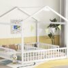 Double Twin House-Style Floor Bed With Fence, Guardrails, Without Door - White - Image 12