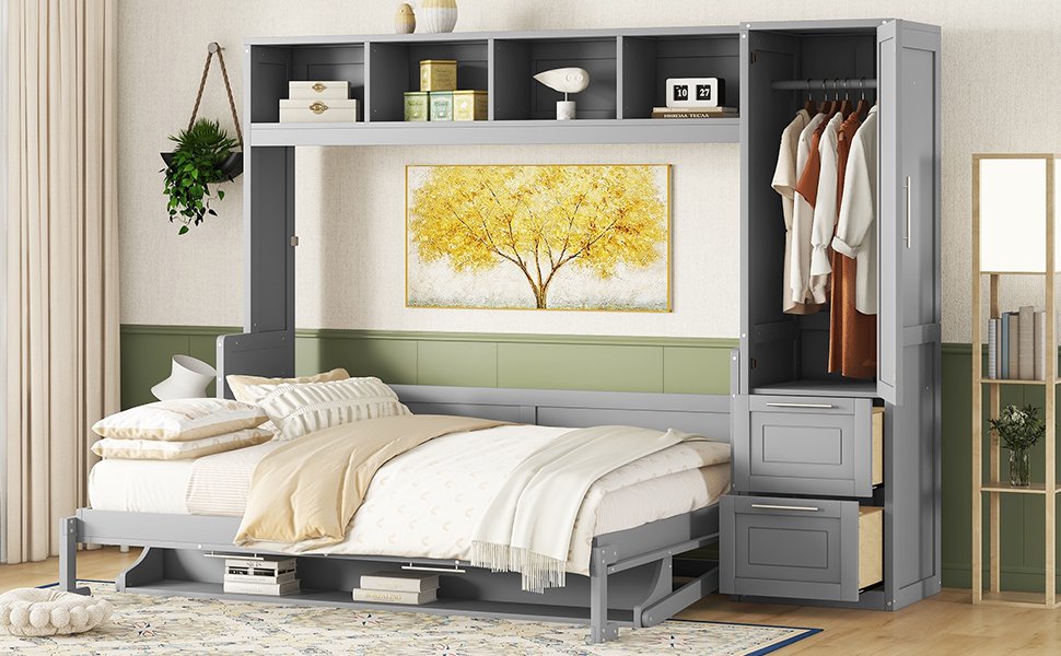 Queen Size Murphy Wall Bed With Closet And Drawers - Gray - Image 17