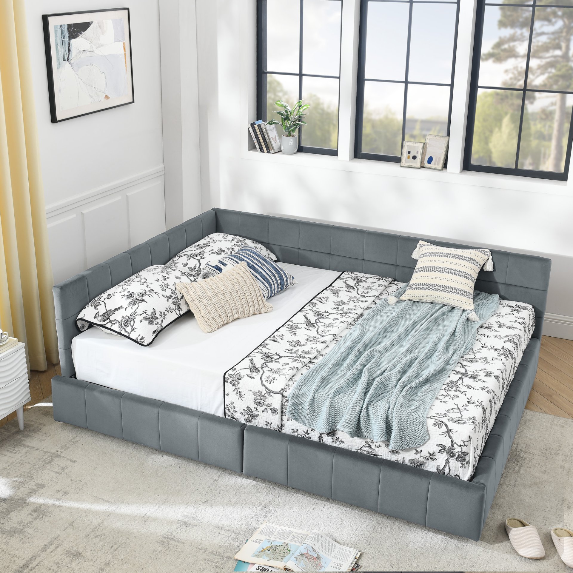 Mid Century Velvet Queen Size Upholstered Tufted Bed Frame With Storage - Gray - Image 3