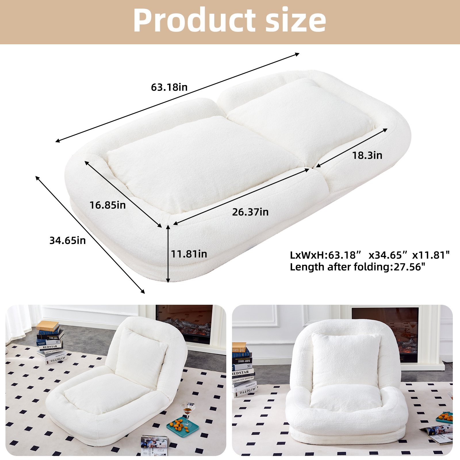 Modern Folding Sofa Chair With Adjustable Positions Plush For Gaming And Relaxation - Beige - Image 10