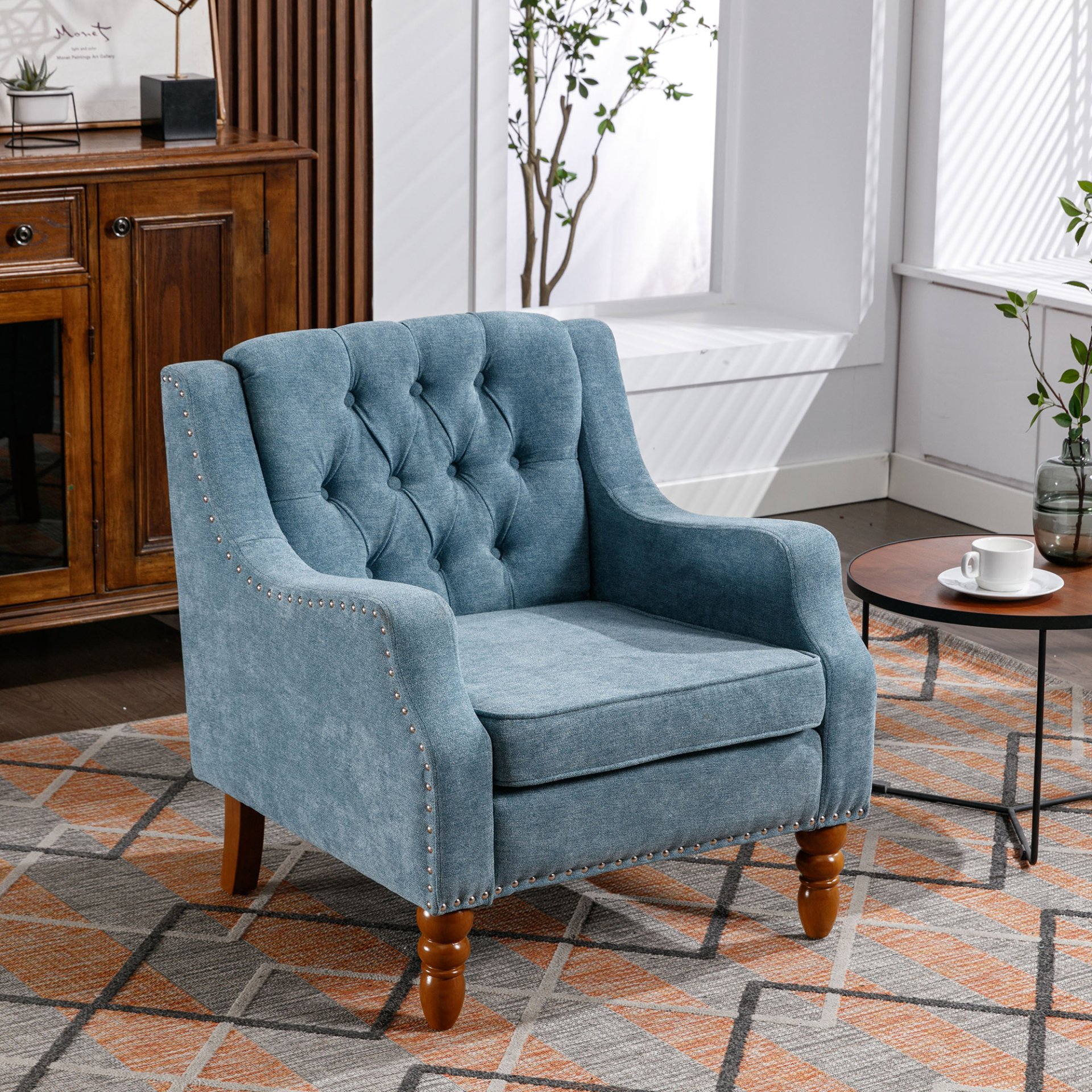 Accent Chair, Living Room Chair, Footrest Chair Set With Vintage Brass Studs, Button Tufted Upholstered Armchair For Living Room, Comfy Reading Chair For Bedroom, Reception Room - Blue - Image 4