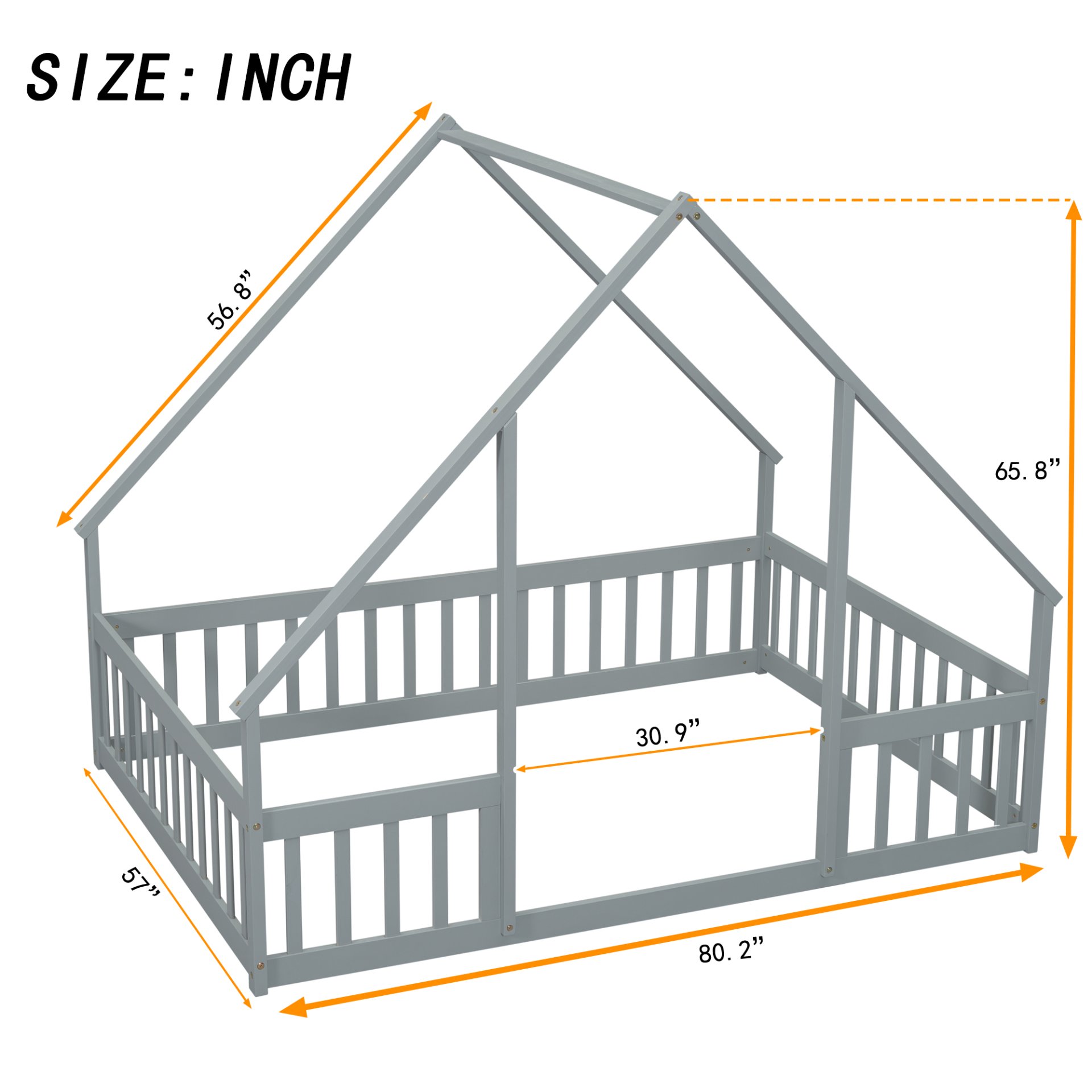 Full Wood House-Shaped Floor Bed With Fence, Guardrails - Gray - Image 14