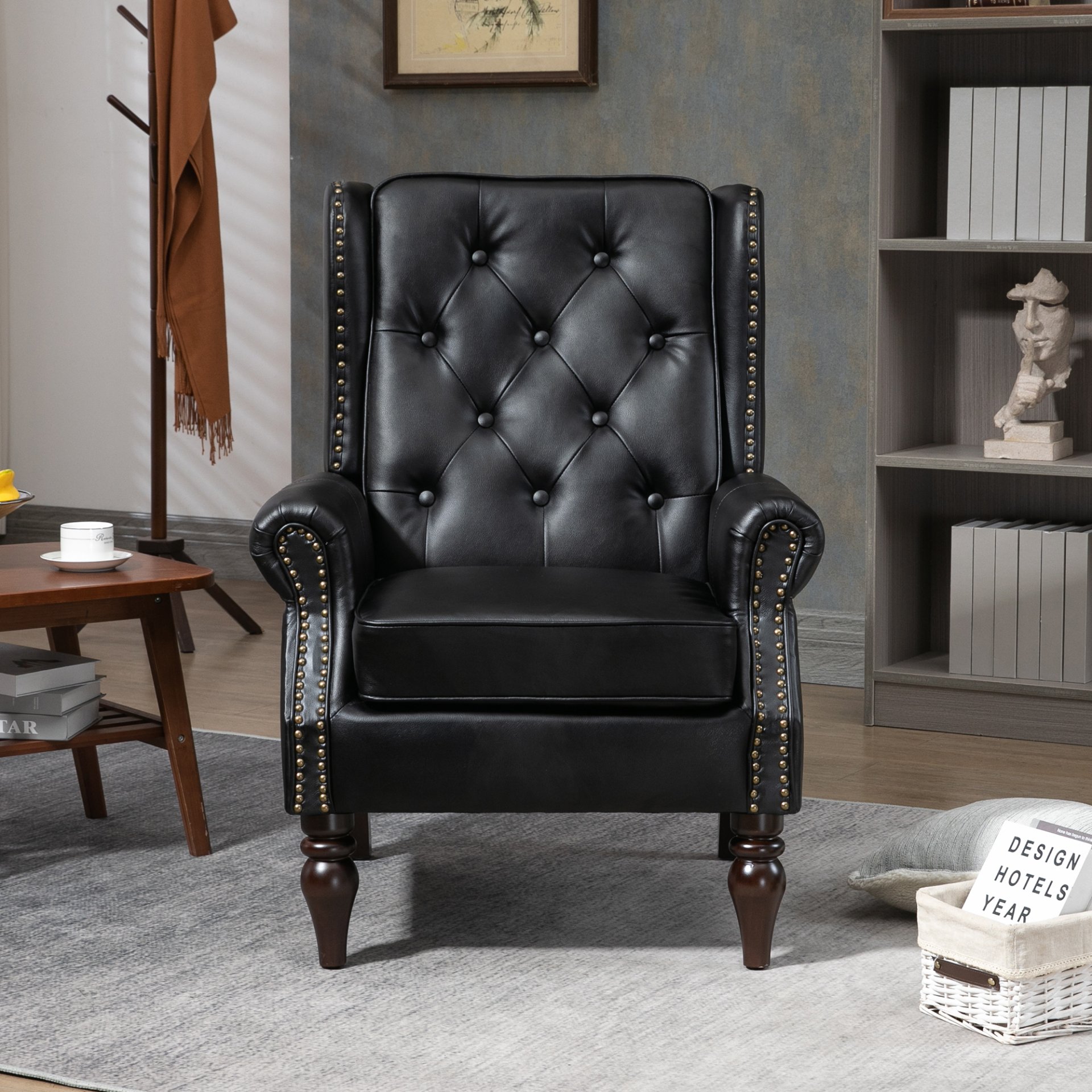 Modern Accent Armchair With Sturdy Wood Legs Leather For Living Room Or Bedroom - Black - Image 4