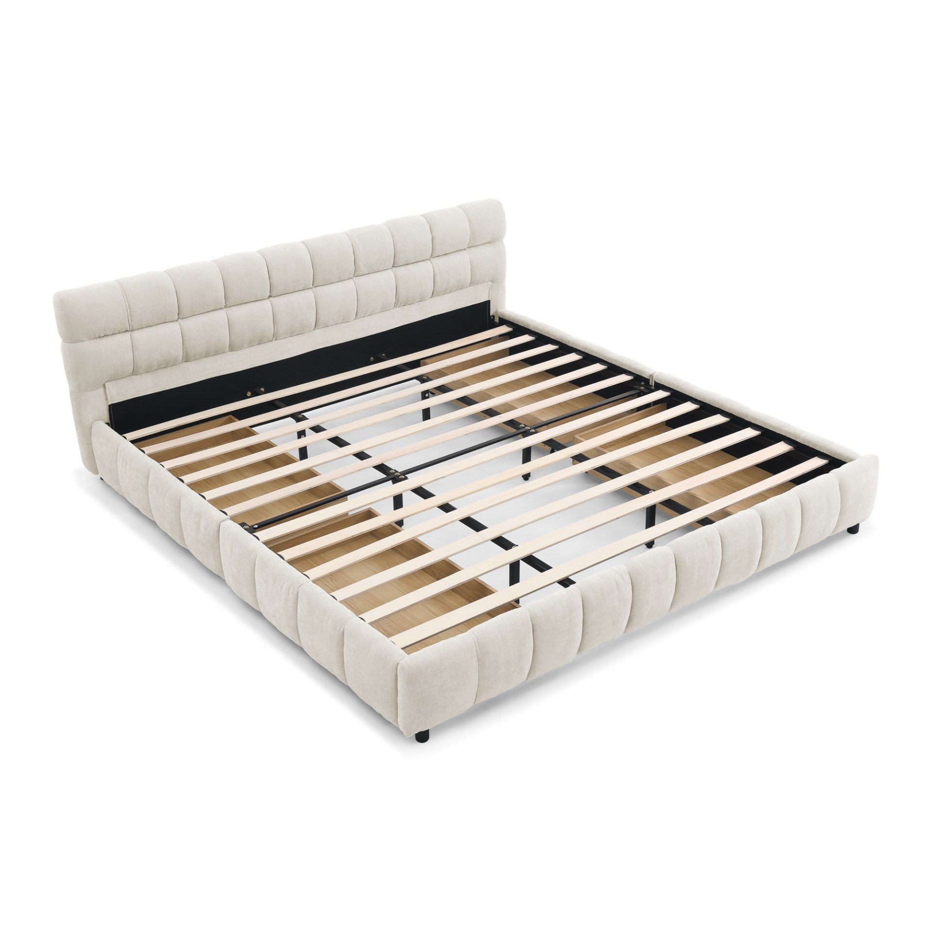 Modern King Size Upholstered Bed With Storage Drawer Solid Frame - Beige - Image 17