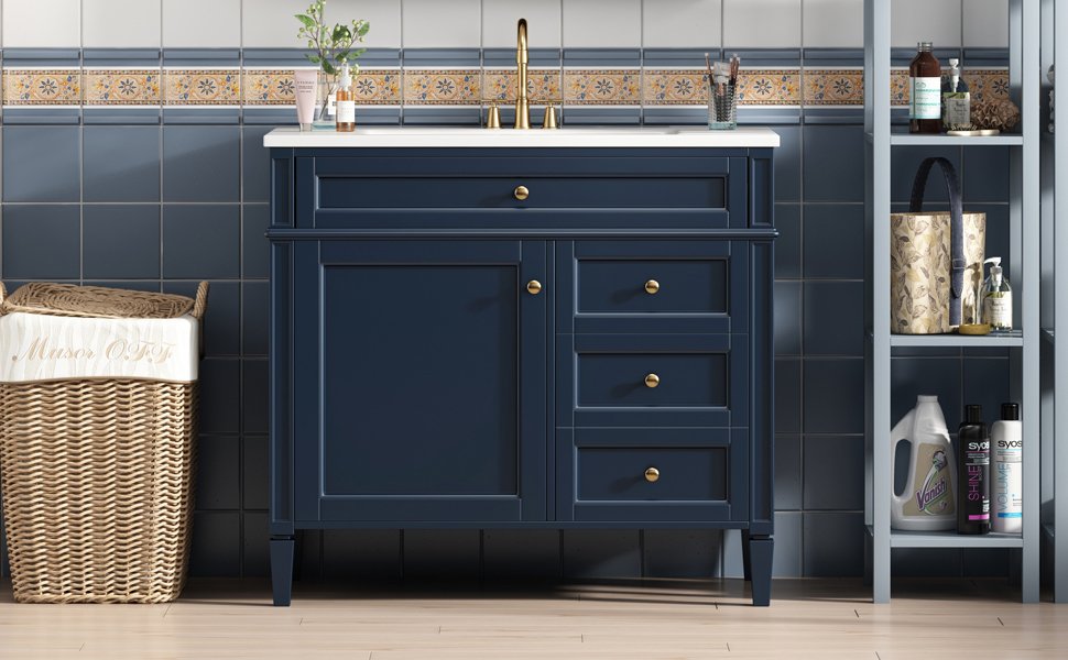 Bathroom Vanity With Top Sink, Modern Bathroom Storage Cabinet With 2 Drawers And A Tip-Out Drawer, Single Sink Bathroom Vanity - Blue - Image 15