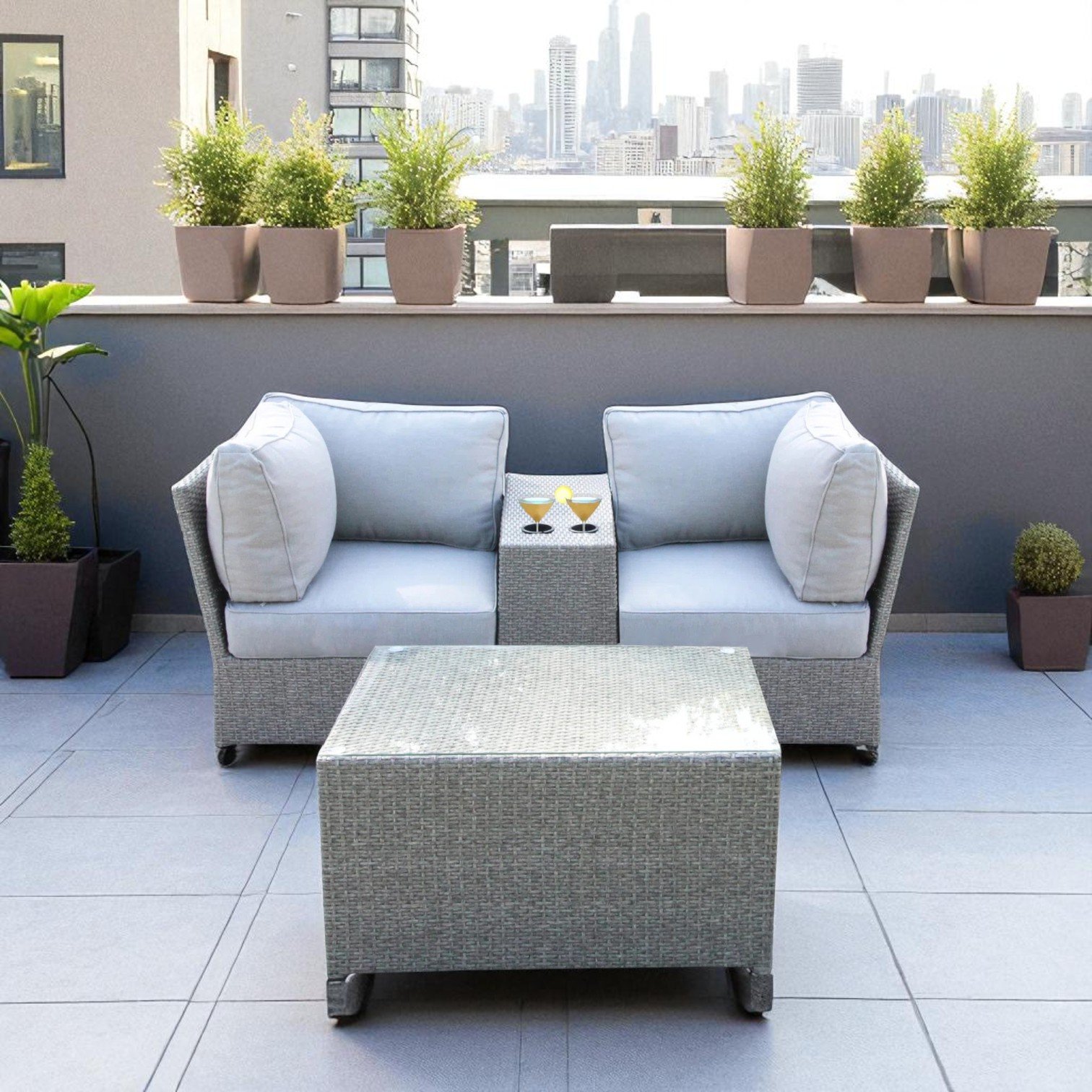 2 Person Wicker Seating Set With Cushions And Glass Top Table - Grey Mix - Image 3