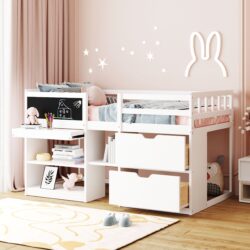 Twin Size Low Loft Bed With Rolling Desk, Shelf And Drawers - White