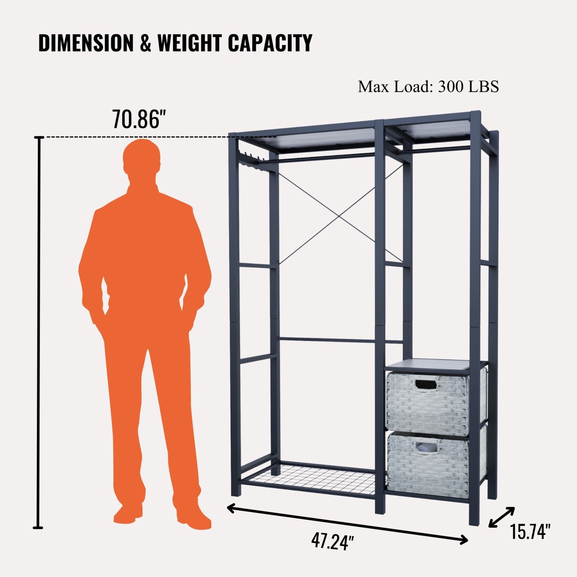 Acacia Wood Garment Rack With Shelves, 2 Wicker Drawers, 4 Hooks, Heavy Duty Closet Organizer - Light Gray - Image 3
