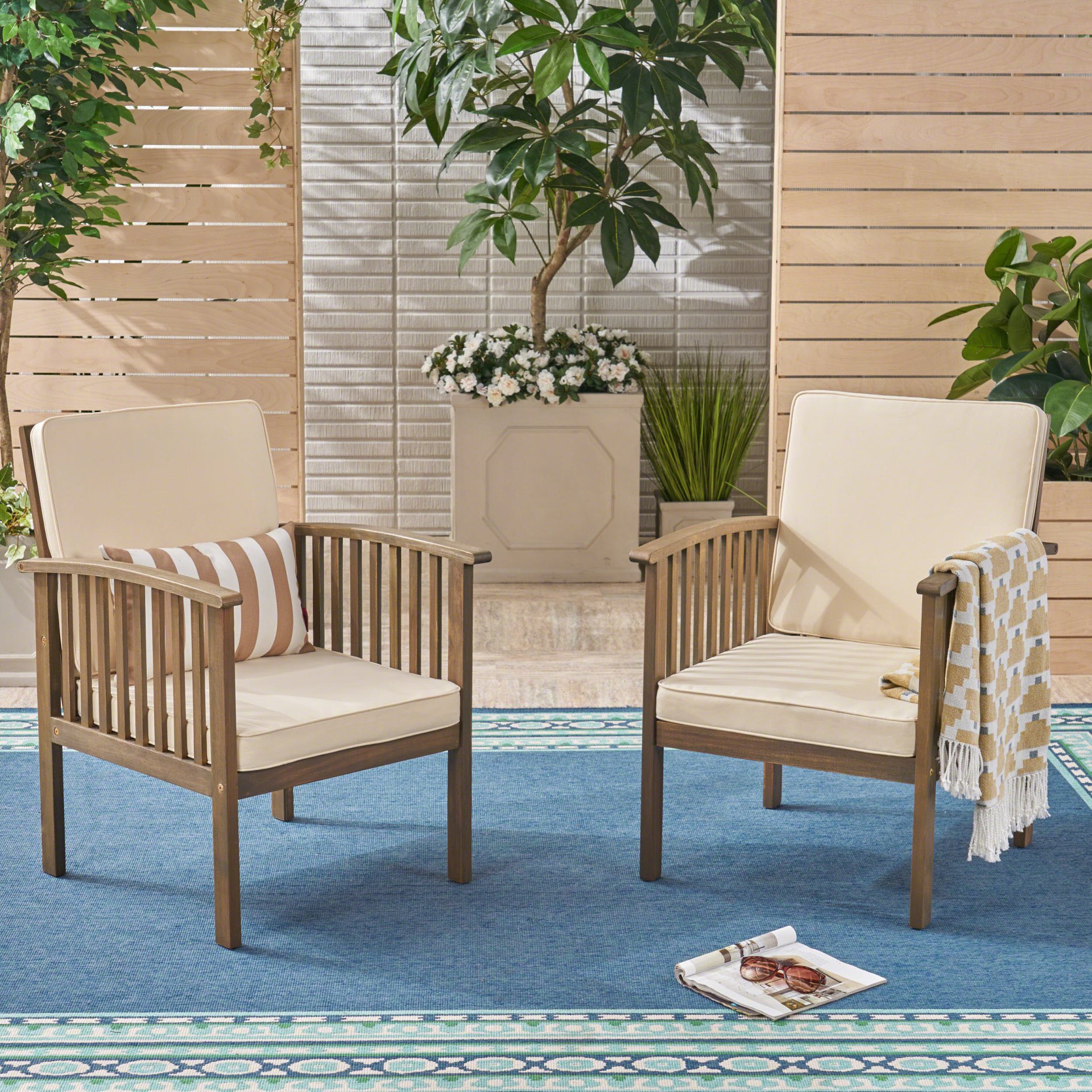 Casa Acacia Wood Club Chairs (Set of 2) With Water Resistant Cushions - Gray / Cream - Image 5