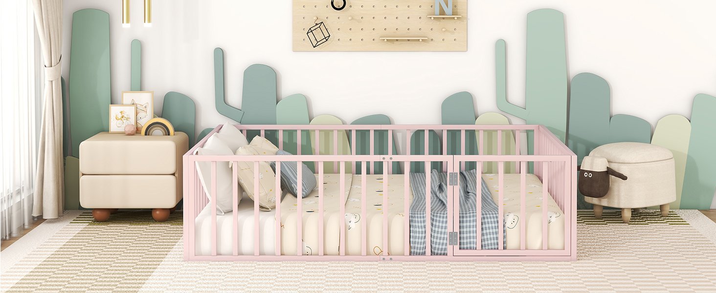 Queen Size Floor Bed Frame With Fence And Door - Pink - Image 16