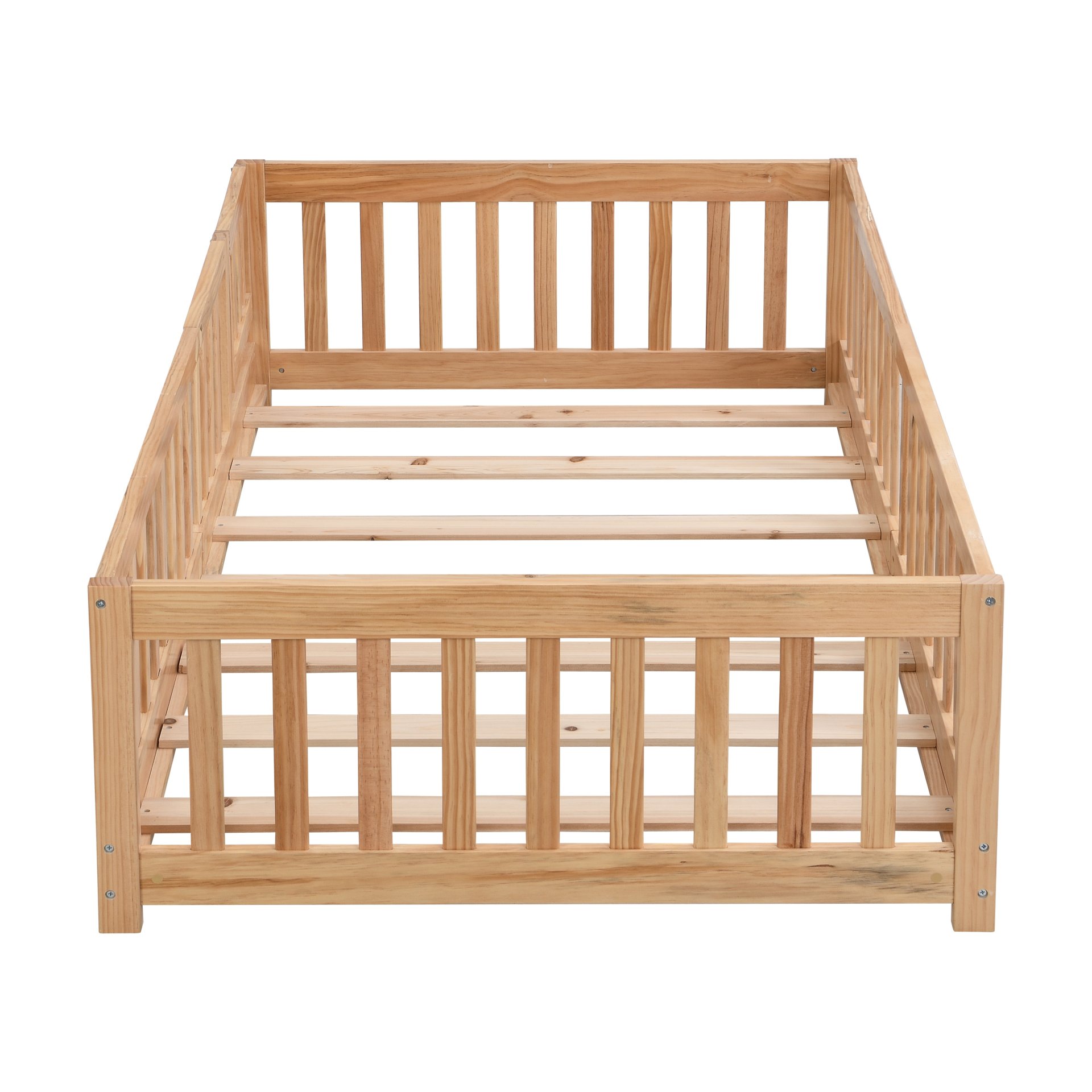 Twin Size Floor Bed With Door And Safety Fence For Children - Natural - Image 4
