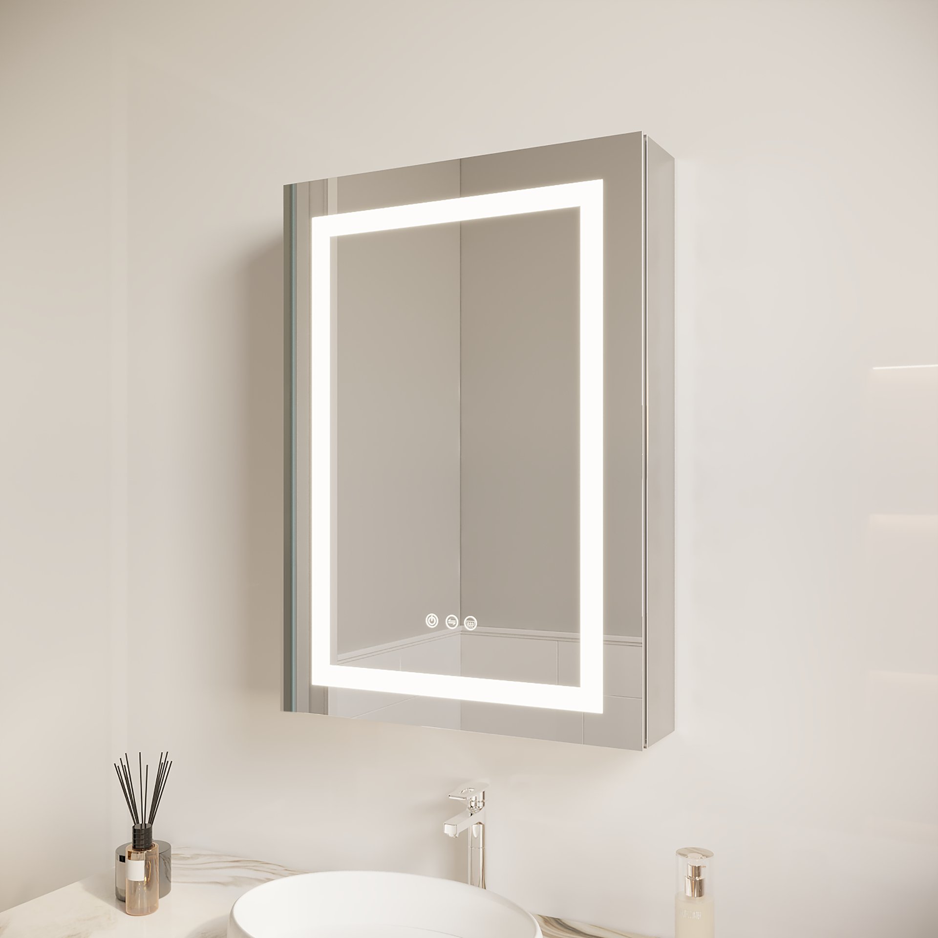 26" X 20" Bathroom Medicine Cabinet With LED Mirror, Anti-Fog, Waterproof, 3000K~6000K Single Door Lighted Bathroom Cabinet With Touch Swich, Dimmable, Recessed Or Surface Mount (Left Door) - Silver - Image 5