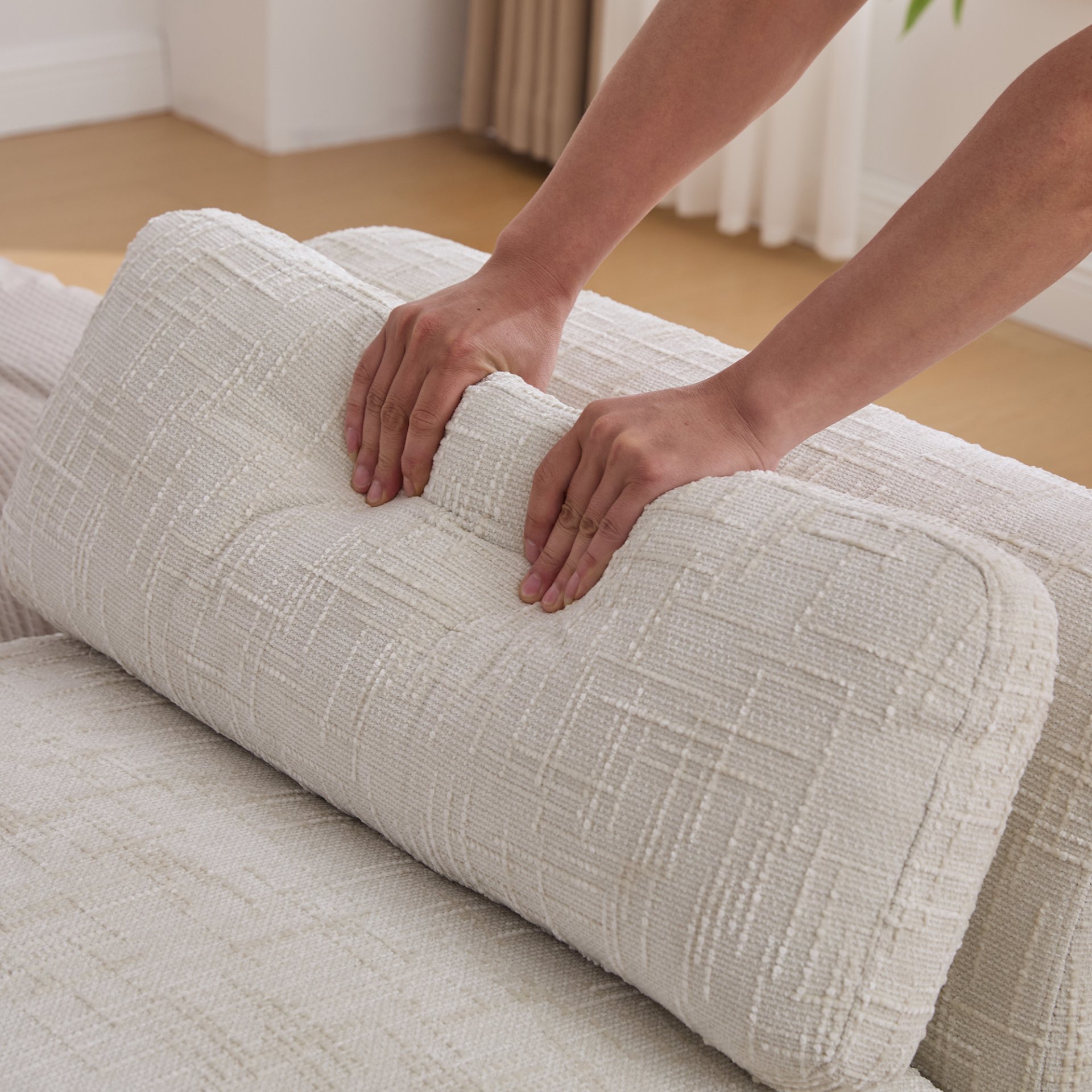 Modern Upholstered End Of Bed Bench With Armrests, Chenille Chaise Lounge Couch With Bolster Pillows, Rubberwood Legs - Beige - Image 11