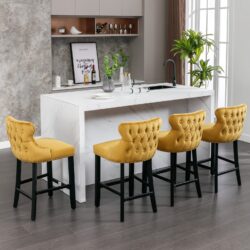 Contemporary Velvet Upholstered Wing-Back Barstools With Button Tufted Decoration And Wooden Legs, And Chrome Nailhead Trim, Leisure Style Bar Chairs, Bar Stools (Set of 4) - Gold