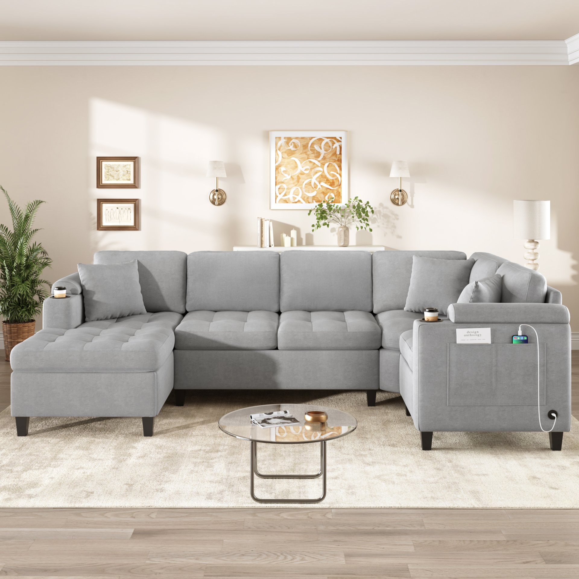 U Shaped Sectional Sofa, Corner Living Room Couch With Built In Cup Holders, Storage, USB Ports - Light Gray - Image 5