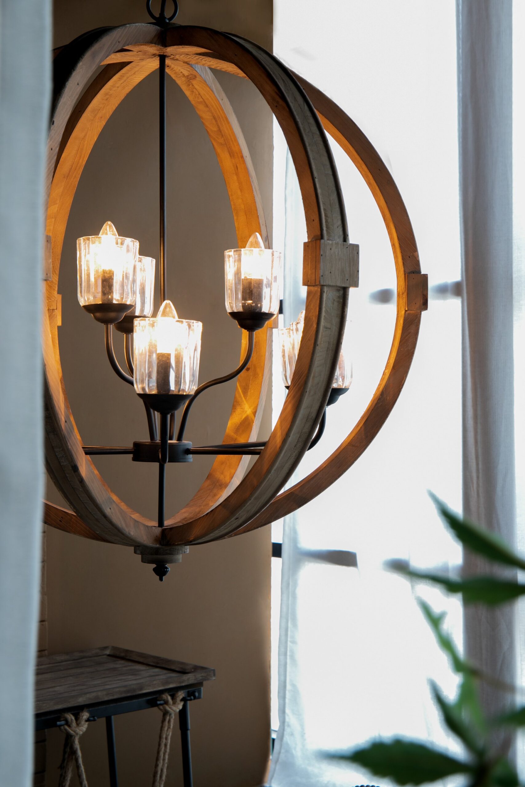 9 Light Globe Chandelier, Wood Chandelier Hanging Light Fixture With Adjustable Chain For Kitchen, Bulb Not Included - Brown - Image 11