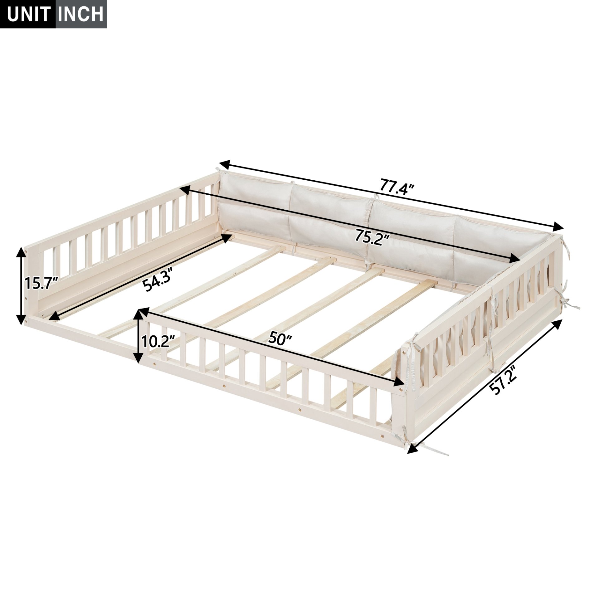 Wood Full Size Upholstered Platform Bed With Guardrail And Pillow - Beige - Image 3