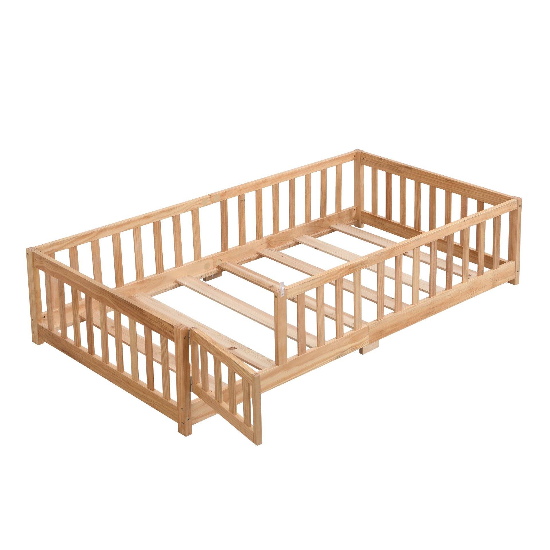 Solid Wood Full Size Floor Bed With Door And Safety Guardrails For Children - Natural - Image 6