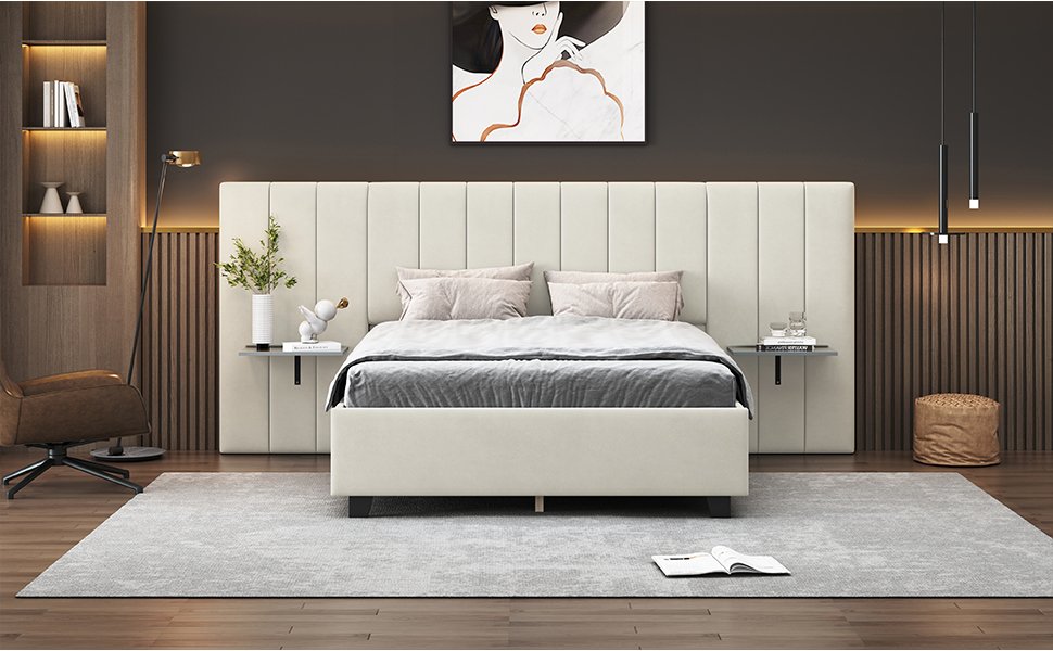 Full Size Upholstered Platform Bed With Big Headboard - Beige - Image 13
