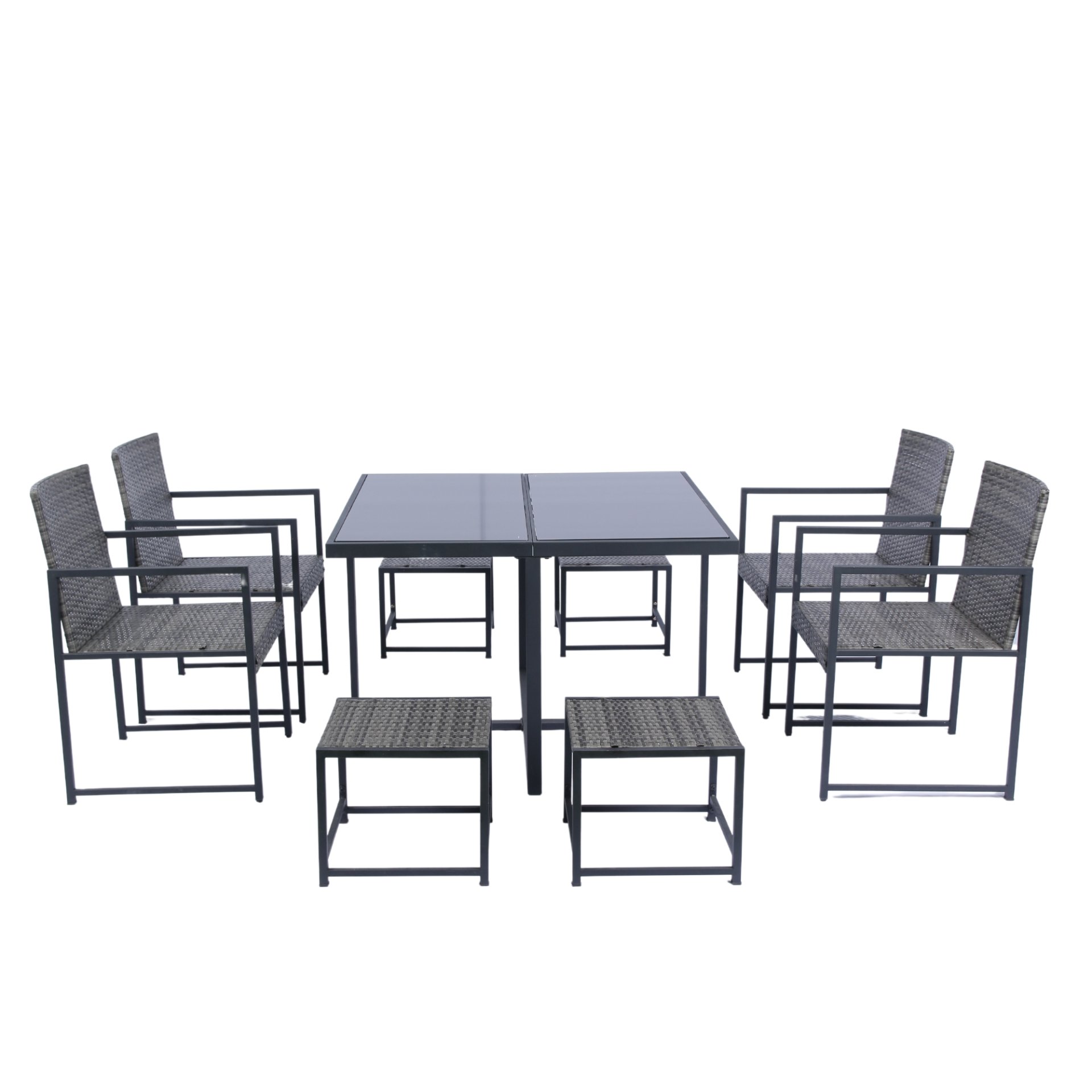 9 Pieces Patio Dining Sets Outdoor Space Saving Rattan Chairs With Glass Table Top Wicker And Cushion - Dark Gray - Image 18
