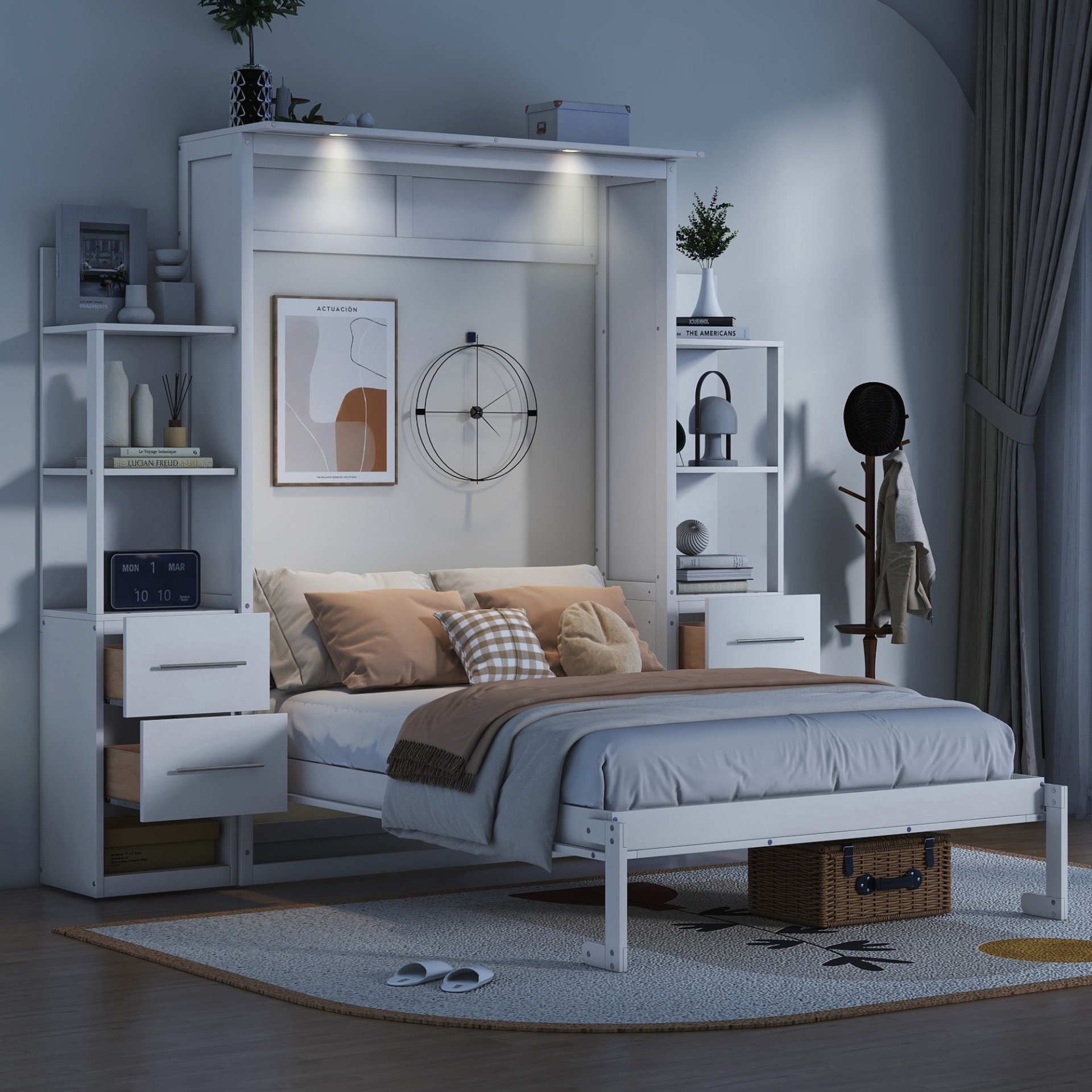 Full Size Murphy Wall Bed With Shelves, Drawers And LED Lights - White - Image 3