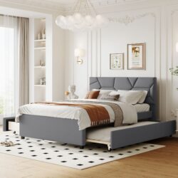 Full Size Upholstered Platform Bed With Brick Pattern Headboard, With Twin Size Trundle And 2 Drawers - Gray