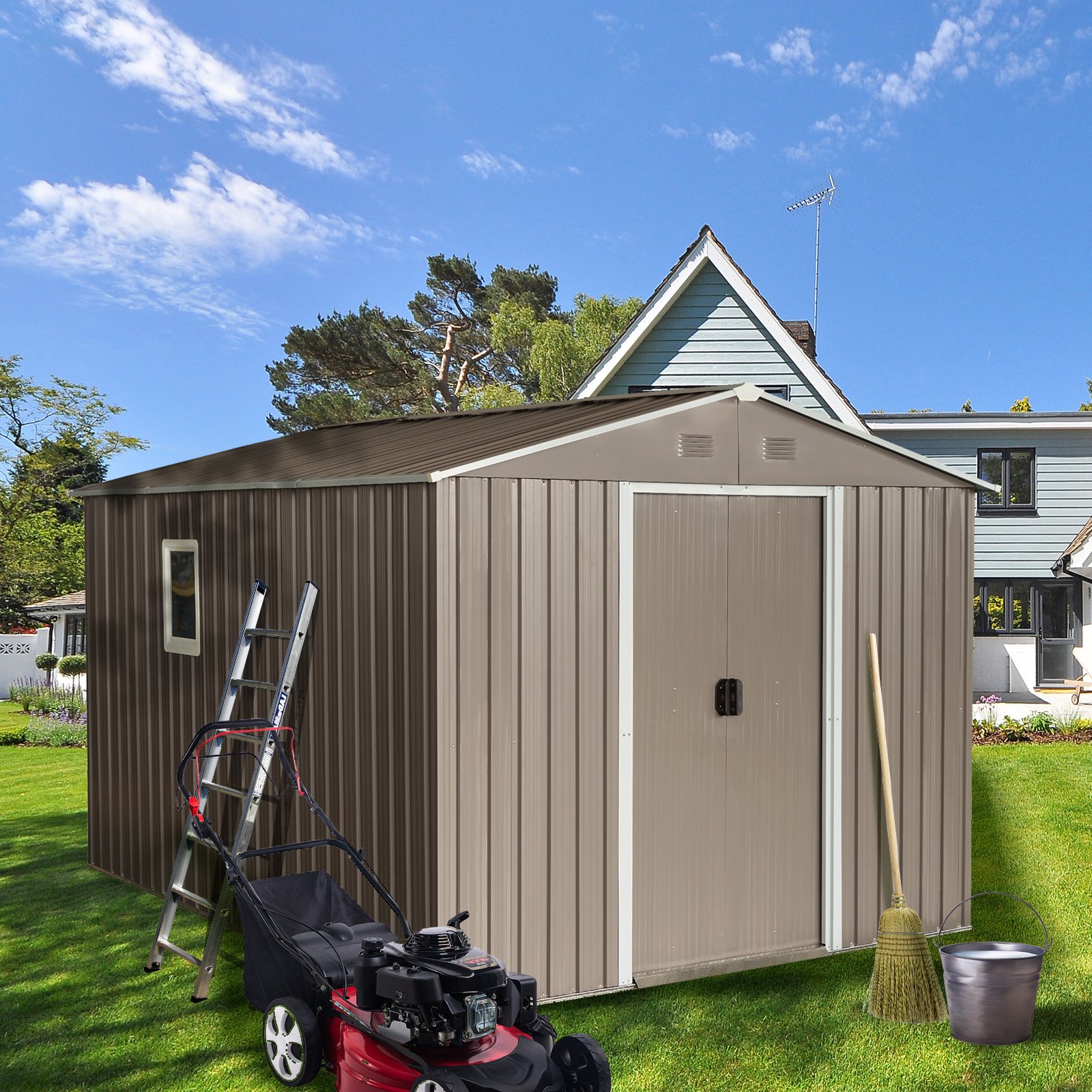 8Ft x 10Ft Outdoor Metal Storage Shed With Metal Floor Base, With Window - Gray - Image 7