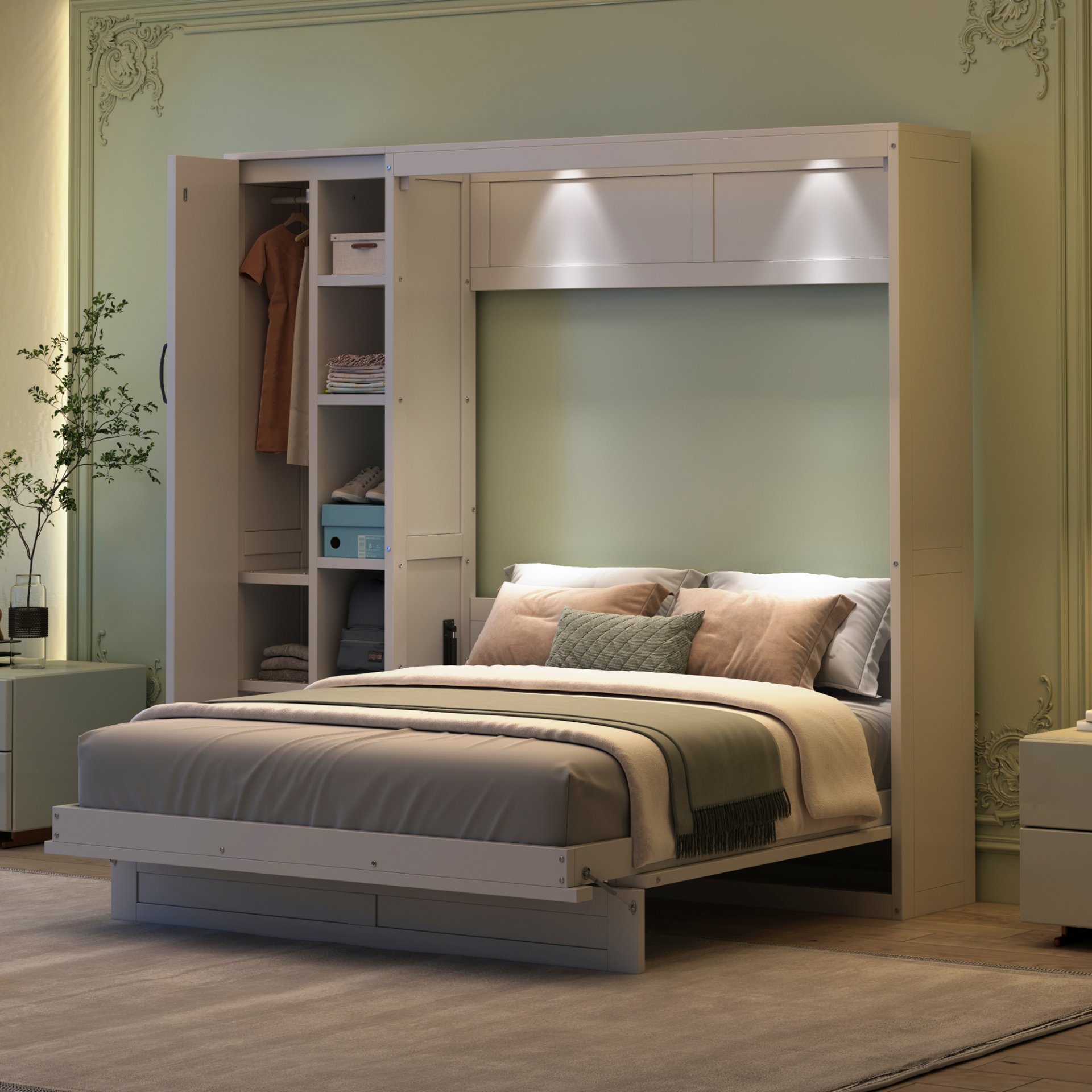 Full Size Murphy Wall Bed With Shelves, Wardrobe And LED Lights - White - Image 3