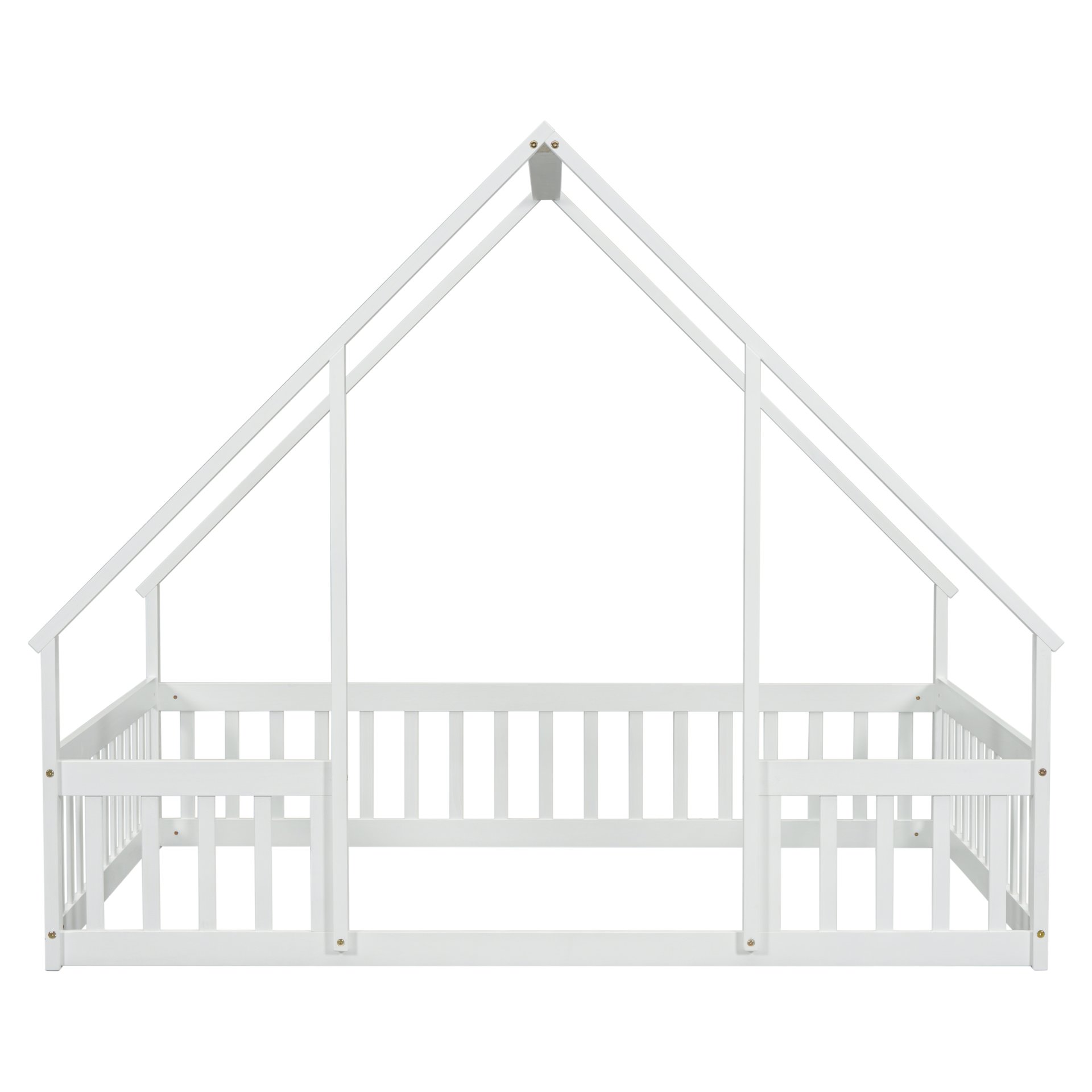 Full Wood House-Shaped Floor Bed With Fence, Guardrails - White - Image 18