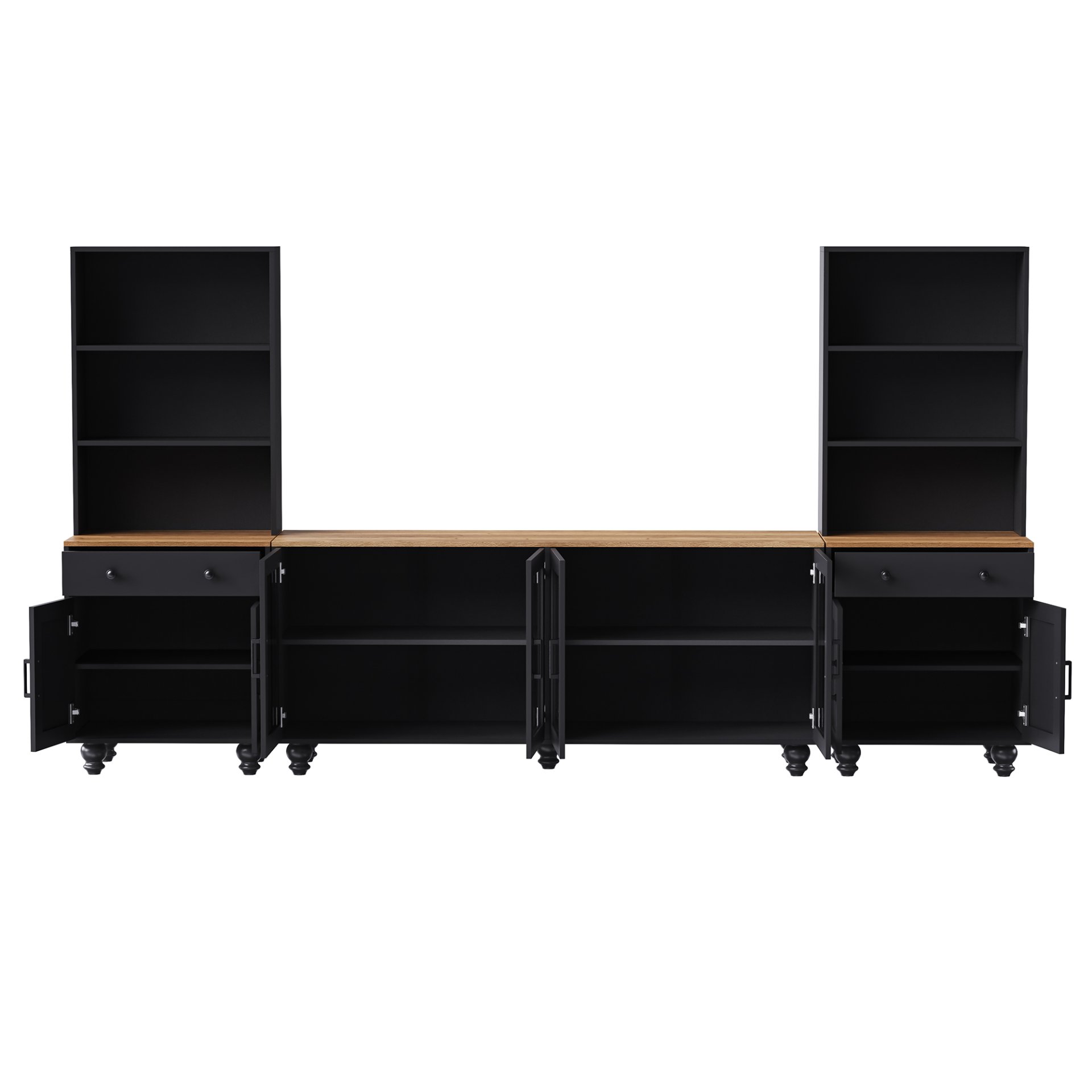 Farmhouse TV Stand With Solid Wood Gourd Shaped Legs For TVs Up To 70", Entertainment Center With Bookshelves & Tempered Glass Doors, Media Console With Adjustable Shelves, Living Room - Black / Natural - Image 15