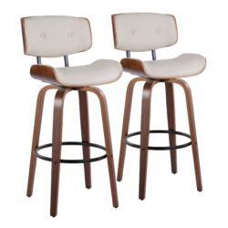 Lombardi - Mid-Century Modern Fixed Height Barstool With Swivel With Round Footrest (Set of 2) - Walnut / Cream